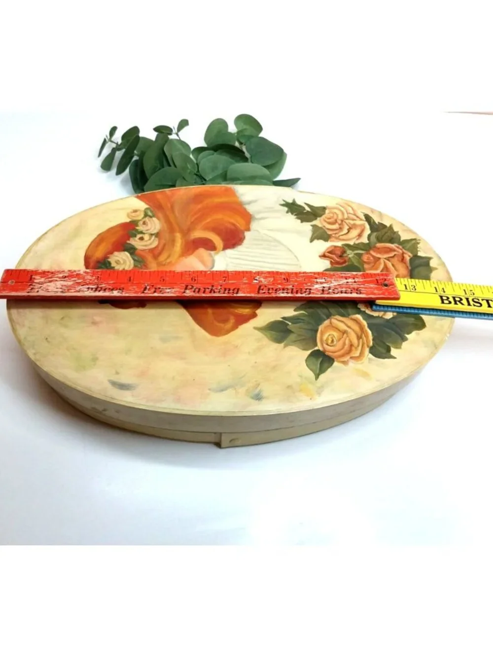 Hand-Painted Wooden Oval Storage Box Folk Art Victorian Lady Roses 1993